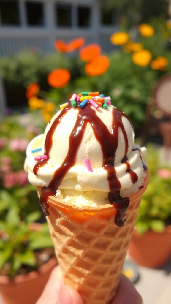 A delicious scoop of vanilla ice cream in a cone with chocolate sauce and sprinkles, set against a sunny garden backdrop.